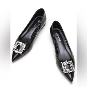 C.Paravano Black Crystal Buckle Pointed Toe Flats